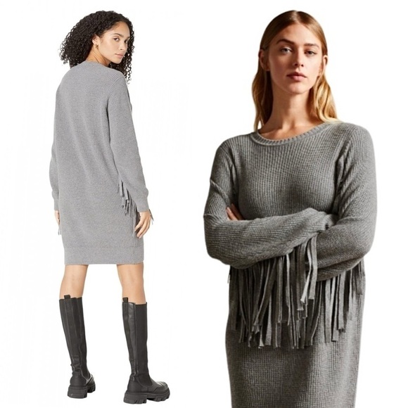 NWT TED BAKER Wool Blend Rib Knit Fringe Trim Long Sleeve Cocoon Sweater Dress 4 - Picture 4 of 13